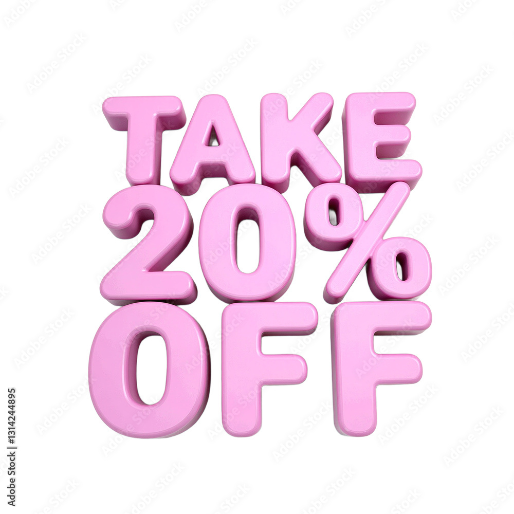 Vibrant pink TAKE 20 OFF text with a smooth reflective surface on a white background exuding an inviting and friendly vibe Vibrant pink TAKE 20 OFF text with a smooth reflective surface on a white background exuding an inviting and friendly vibe