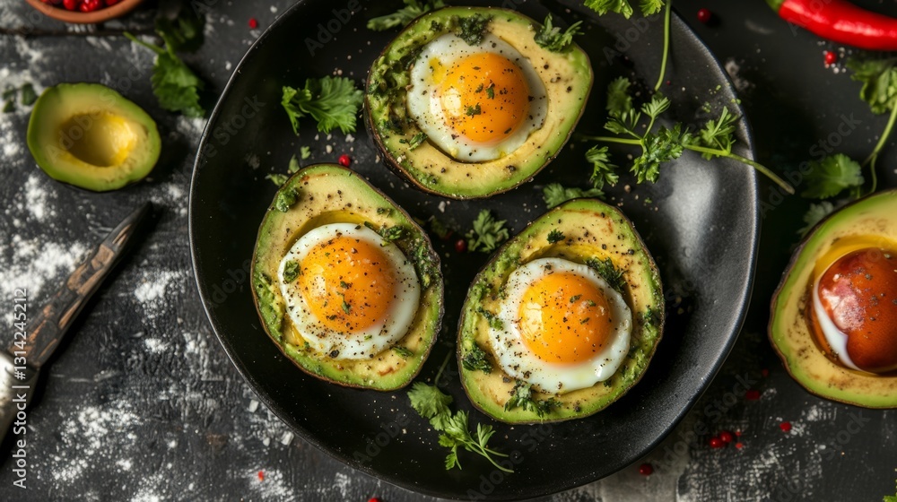 Baked Avocado Eggs A trendy top-down view of baked avocado eggs, with avocado halves filled with egg yolks and baked to perfection, garnished with herbs. Baked Avocado Eggs A trendy top-down view of baked avocado eggs, with avocado halves filled with egg yolks and baked to perfection, garnished with herbs.