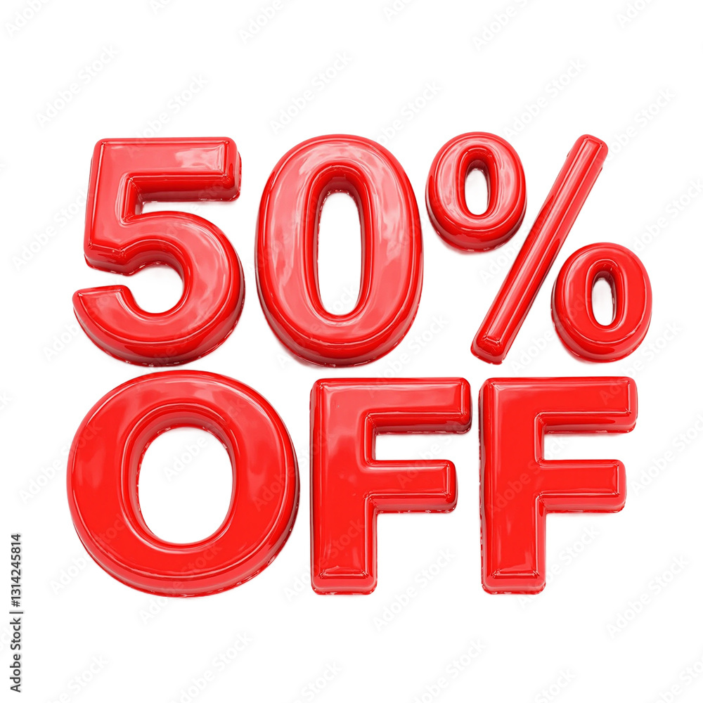 Vibrant 3D 50 OFF in red with metallic shine on a white backdrop a striking image for promotions and discounts Vibrant 3D 50 OFF in red with metallic shine on a white backdrop a striking image for promotions and discounts