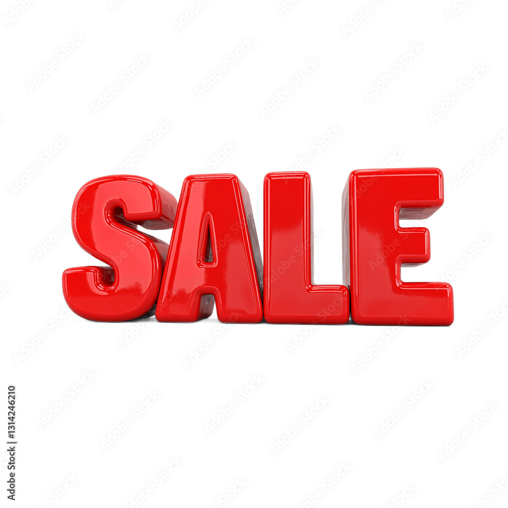 Vibrant SALE text in bold red glossy finish against a clean white backdrop Perfect for promotions and advertising visuals Vibrant SALE text in bold red glossy finish against a clean white backdrop Perfect for promotions and advertising visuals