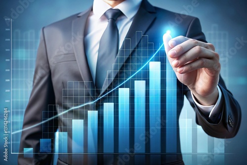 Digital increasing bar graph with businessman hand overlay