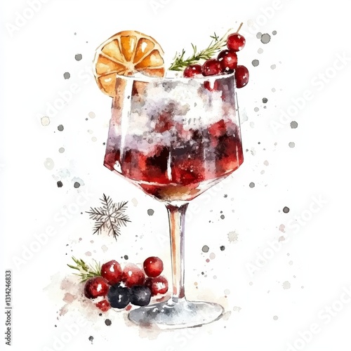 Watercolor illustration of a glass of red wine with a slice  isolated on white background Drawing watercolor illustration art photo