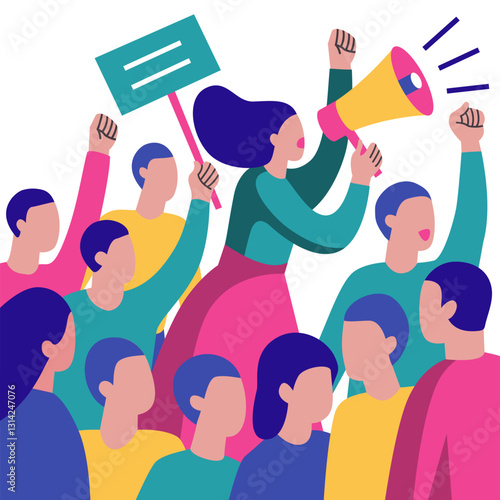 A modern, flat-style illustration of a protest with a woman leading the crowd using a megaphone. Perfect for articles, campaigns, posters, websites, social media, materials on human rights, activism.