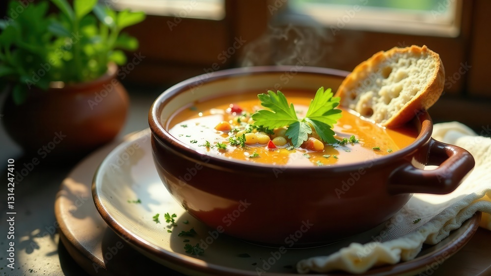 Aromatic Homemade Vegetable Soup Served Warm in Rustic Bowl with Crusty Bread Aromatic Homemade Vegetable Soup Served Warm in Rustic Bowl with Crusty Bread