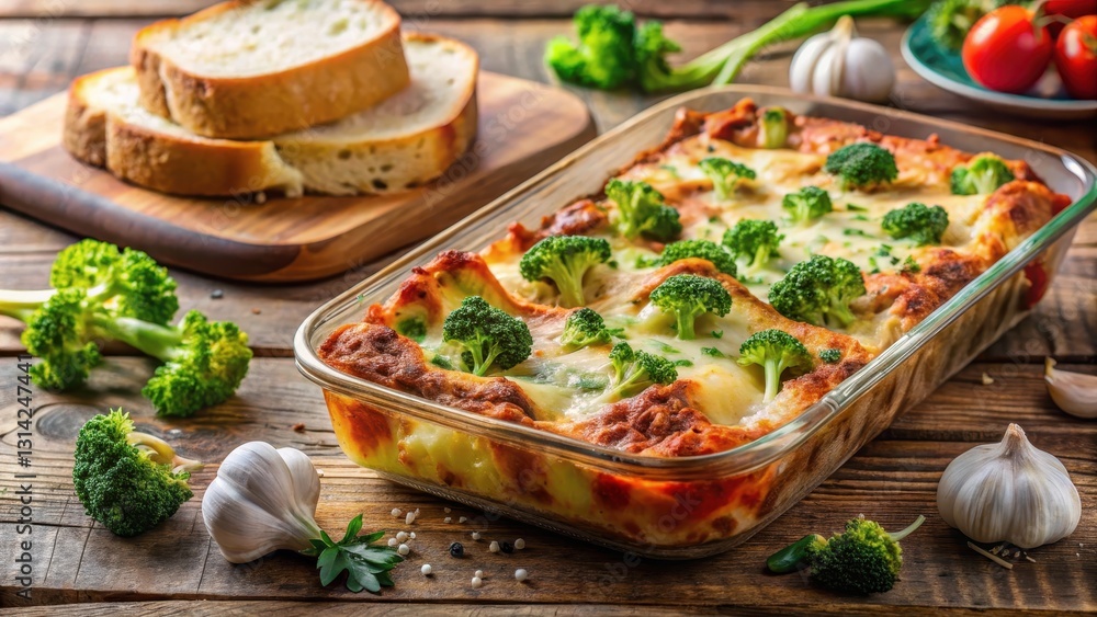 Baked vegan lasagna with steaming broccoli layers and a side of garlic bread , healthy dinner option, vegetarian recipe Baked vegan lasagna with steaming broccoli layers and a side of garlic bread , healthy dinner option, vegetarian recipe