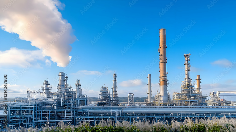 Large Industrial Refinery Plant with Smoke Stacks and Pipes Under a Bright Blue Sky and White Clouds During Daytime Large Industrial Refinery Plant with Smoke Stacks and Pipes Under a Bright Blue Sky and White Clouds During Daytime