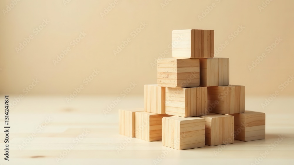 A pyramid structure of unfinished light brown wooden blocks arranged on a pale wood surface against a neutral backdrop A pyramid structure of unfinished light brown wooden blocks arranged on a pale wood surface against a neutral backdrop