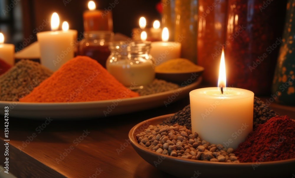 Colorful spices and candles arrangement Colorful spices and candles arrangement