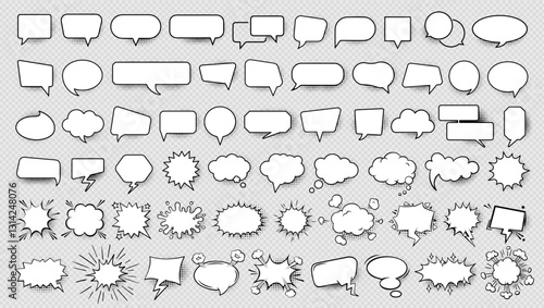 Set of hand drawn chat balloon, comic speech bubble icon, dialogue frame, message idea, quote, or cloud information sticker, cartoon text box symbol silhouette with halftone for social media business.