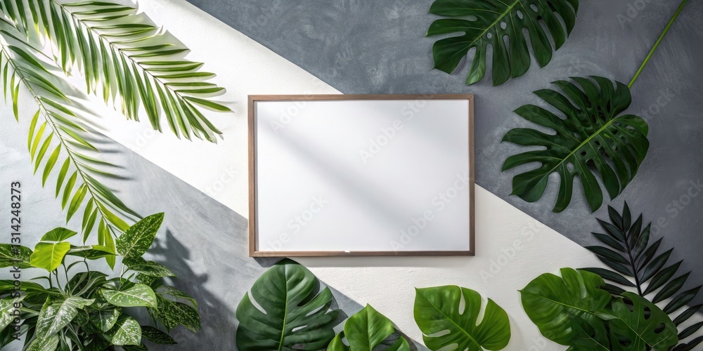 Flat Lay Product Photography: 3D Objects on Whiteboard with Green Leaves Flat Lay Product Photography: 3D Objects on Whiteboard with Green Leaves