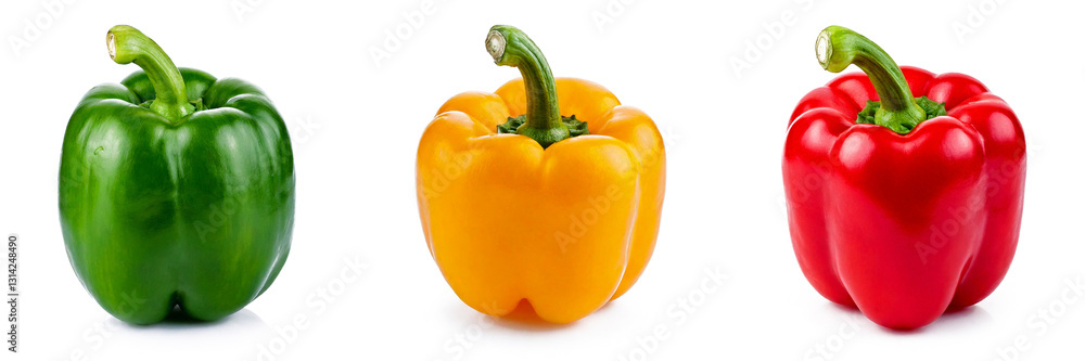 Bright red, yellow, and green organic bell peppers isolated on white background