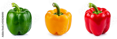 Obraz na płótnie Bright red, yellow, and green organic bell peppers isolated on white background w salonie