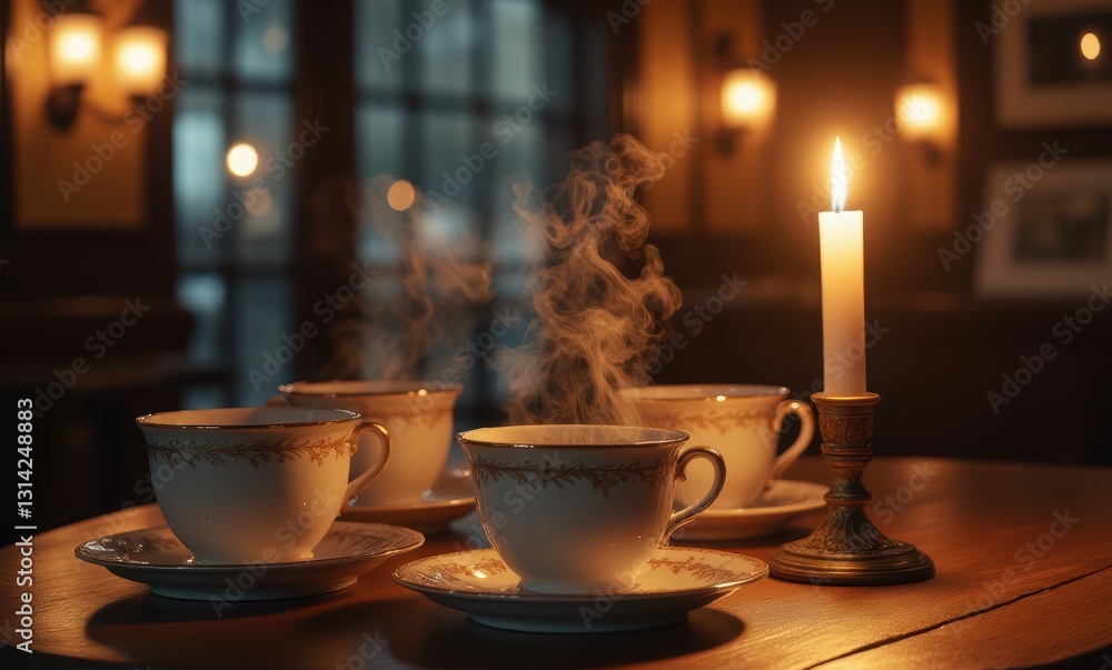 Elegant tea setting with candlelight Elegant tea setting with candlelight