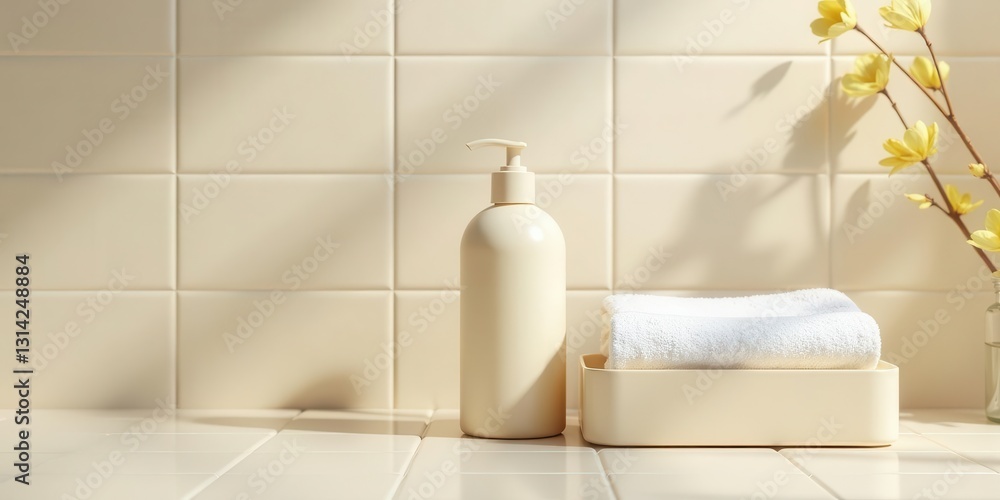 Cream-colored dispenser bottle next to a neatly folded white towel in a matching container, sunlight illuminating a serene bathroom setting Cream-colored dispenser bottle next to a neatly folded white towel in a matching container, sunlight illuminating a serene bathroom setting