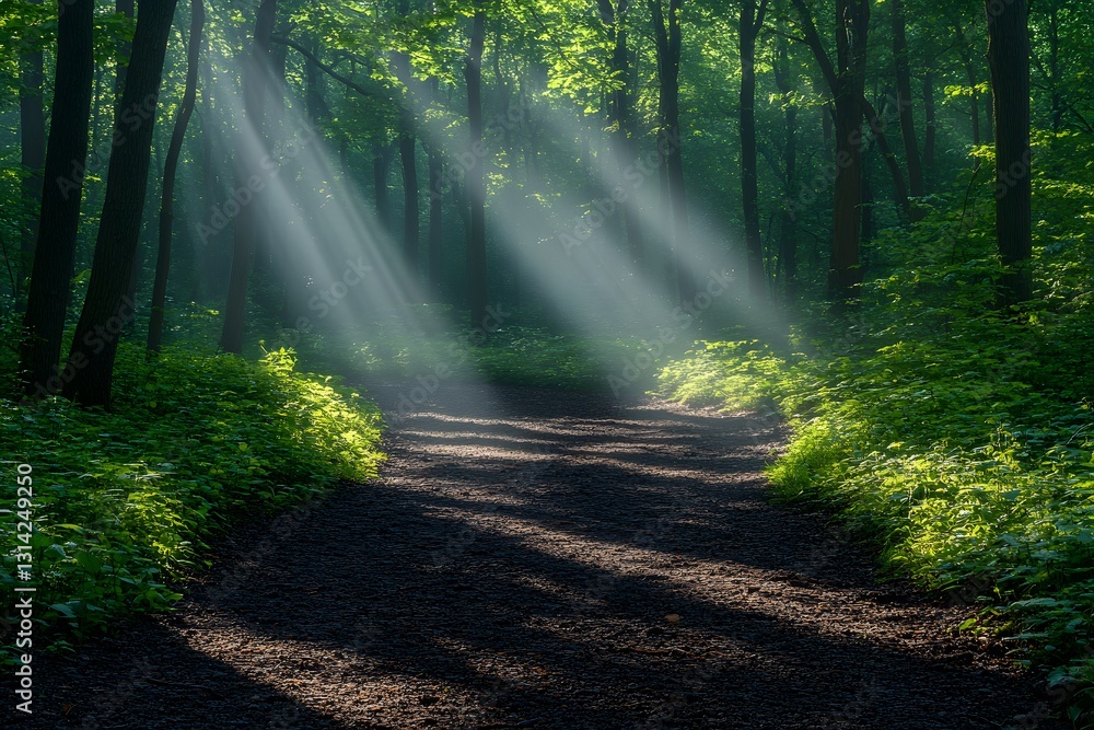Fototapeta premium Sunlit Forest Pathway: Tranquil Nature Scene for Meditation and Inspiration