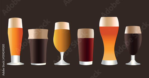 Beer Glasses Collection – Craft Beer and Stout Illustration, ncluding lager, stout, ale, IPA, and dark beer.composition is set against a dark background, creating a sophisticated pub or brewery