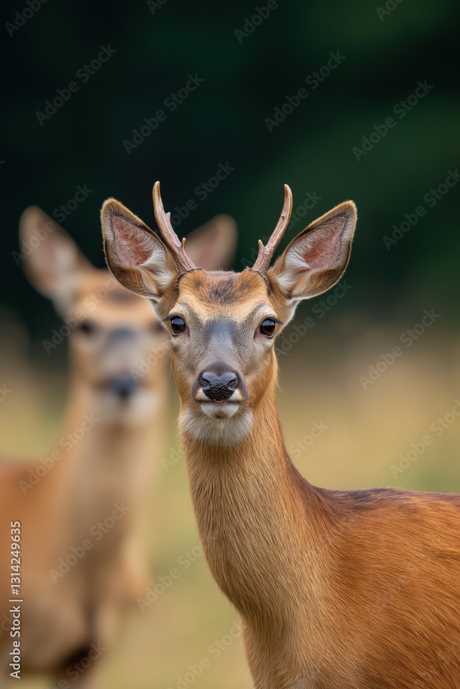 A deer with antlers is standing in a field. The deer is looking directly at the camera A deer with antlers is standing in a field. The deer is looking directly at the camera