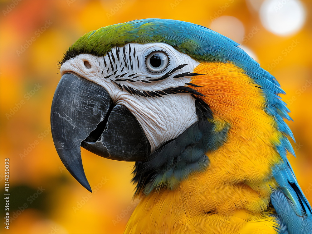 Fototapeta premium Colorful macaw stands proudly, showcasing its bright blue and yellow feathers amidst a warm, orange autumn landscape. The bird's striking features capture the essence of nature