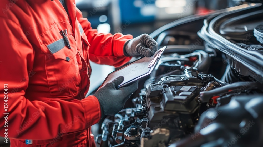 Fototapeta premium Auto mechanic in red uniform inspects car engine with tablet and clipboard in close up shot