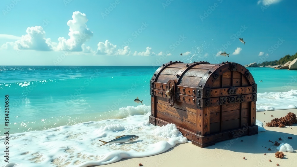 Fototapeta premium A weathered wooden chest rests on a pristine beach, ocean waves gently lapping at its base, small fish playfully leaping from the water nearby, under a bright sky