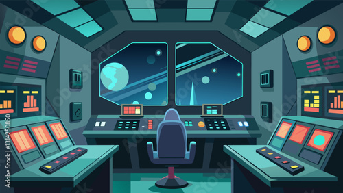 The control room is a hub of advanced technology with computer monitors and control panels that wouldnt look out of place in a science fiction movie.. Vector illustration