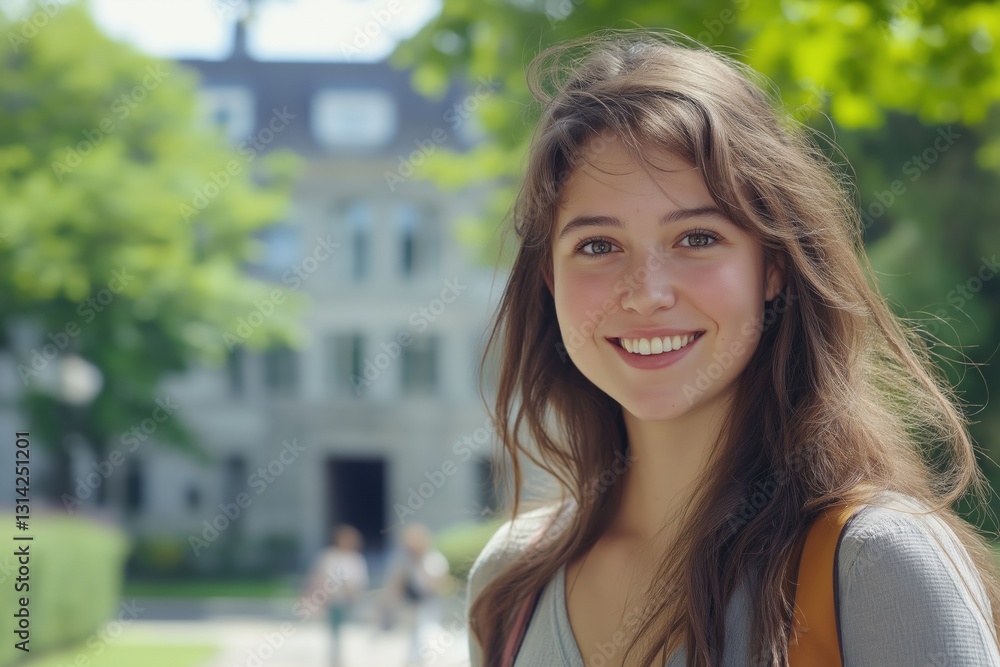 A young woman with long hair is smiling and standing in front of a building. She is wearing a gray shirt and a backpack A young woman with long hair is smiling and standing in front of a building. She is wearing a gray shirt and a backpack