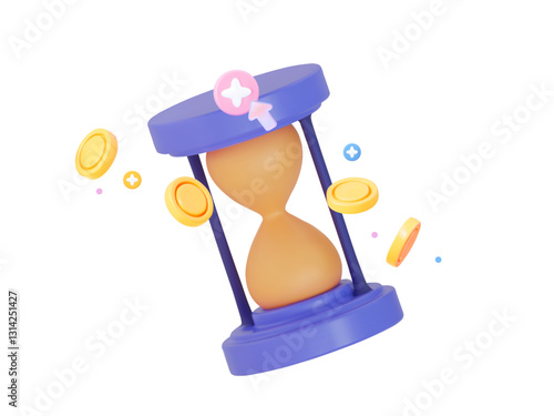 Vector 3D illustration of an hourglass with golden coins, plus buttons, and a mouse cursor. Symbolizes online finance, investments, digital economy, and time management. Suitable for financial project