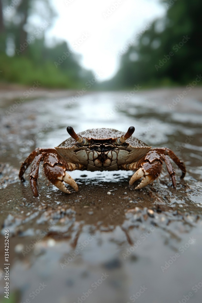 Crab in puddle on a road