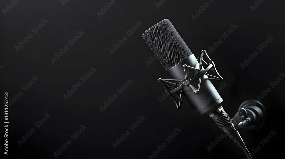 Fototapeta premium Modern Black Microphone Against Dark Background With A Focus On Metallic Detail And Audio Technology In Professional Recording Studio