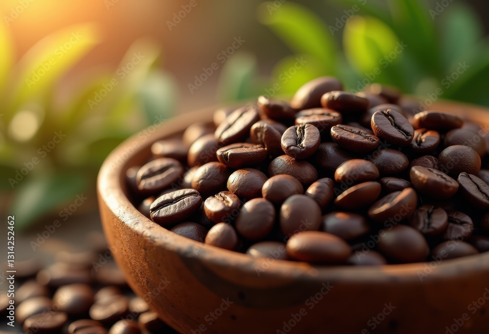 Fototapeta premium close freshly roasted coffee beans caught soft morning light highlighting their rich texture natural gloss, aroma, freshness, brown, beverage, organic