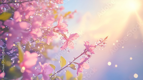 right flowers with crystal water droplets fly in the pink rays of the sun