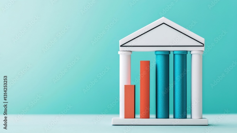Financial Inclusion digital payments concept. 3D model of a building with colorful bar graphs representing data analysis. Financial Inclusion digital payments concept. 3D model of a building with colorful bar graphs representing data analysis.