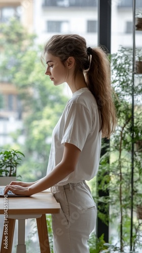 Free Download Woman Working Remotely on Laptop at Standing Desk - GFXLoad