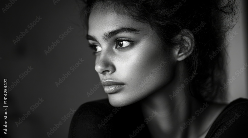 An artistic black and white portrait of a young woman with neutral makeup, gazing intently into the distance. An artistic black and white portrait of a young woman with neutral makeup, gazing intently into the distance.