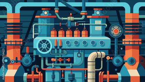 The engine room of the ship is a chaotic labyrinth of pipes valves and switches all leading to the massive marine diesel engine at its center.. Vector illustration