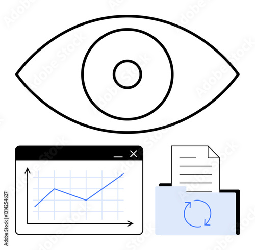 Eye above a graph on a monitor and a folder with a synchronized document. Ideal for data analytics, monitoring, synchronization, reporting, growth, information sharing, flat simple metaphor