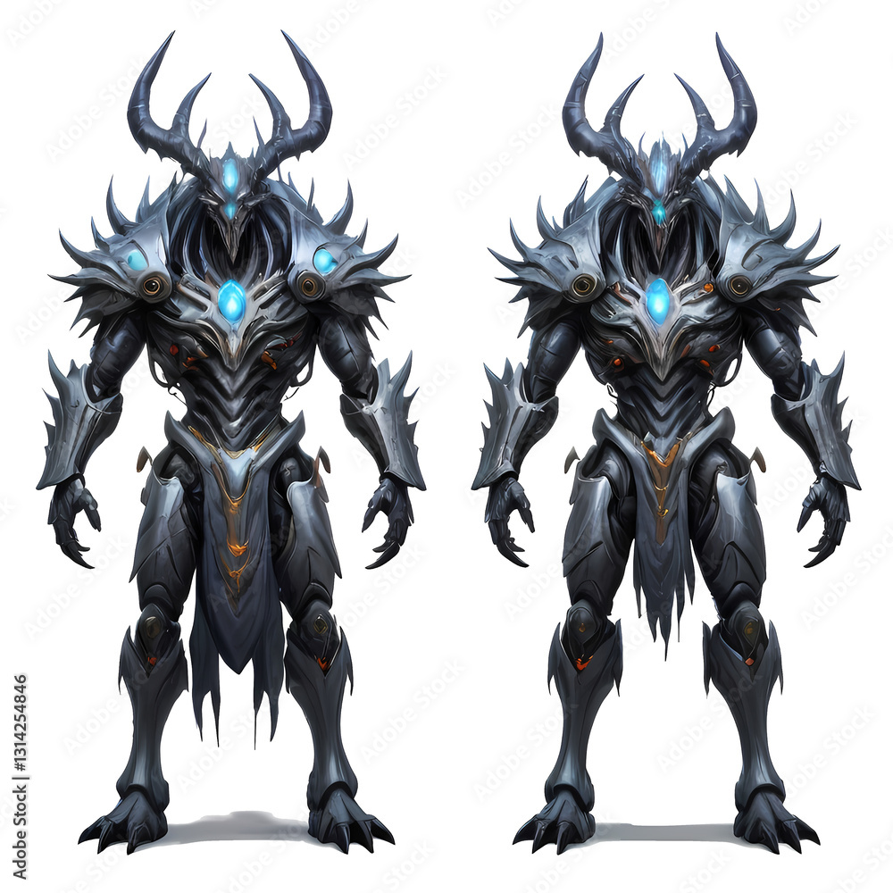 dual render of a powerful, armored fantasy creature with glowing blue accents. The creature has large horns, a skeletal face, and intricate detailing on its armor.