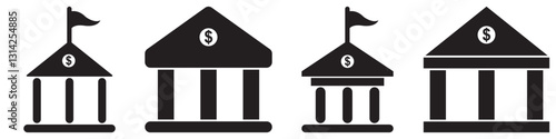 bank building vector icon Silhouette set. bank vector icon, museum, university, academic institute university stock vector, Bank Government Courthouse Architecture simple land mark. 