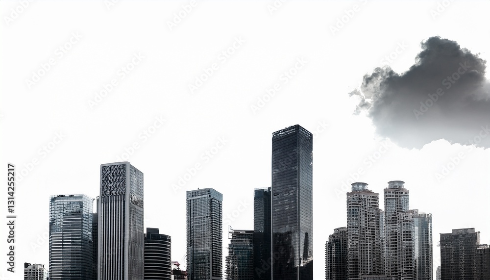 Obraz premium 고층 빌딩 실루엣과 작은 구름이 배치된 도시 풍경