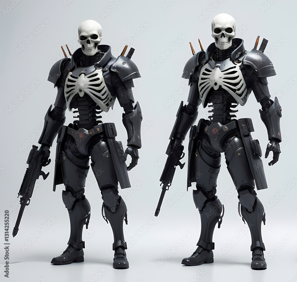 two robotic skeletons armed with guns, with one slightly closer to the camera than the other two robotic skeletons armed with guns, with one slightly closer to the camera than the other