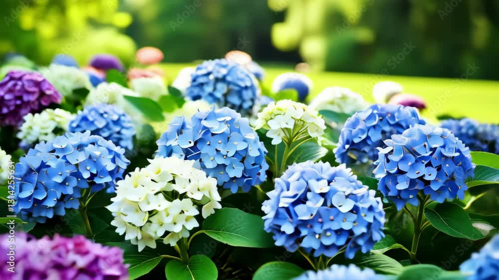 Blooming hydrangea flowers in a sunlit garden. Blooming hydrangea flowers in a sunlit garden.