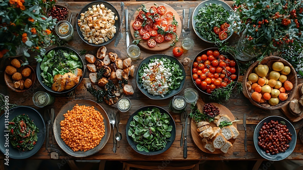 Abundant Rustic Farm to Table Food Feast Overhead View of Delicious Dishes Abundant Rustic Farm to Table Food Feast Overhead View of Delicious Dishes