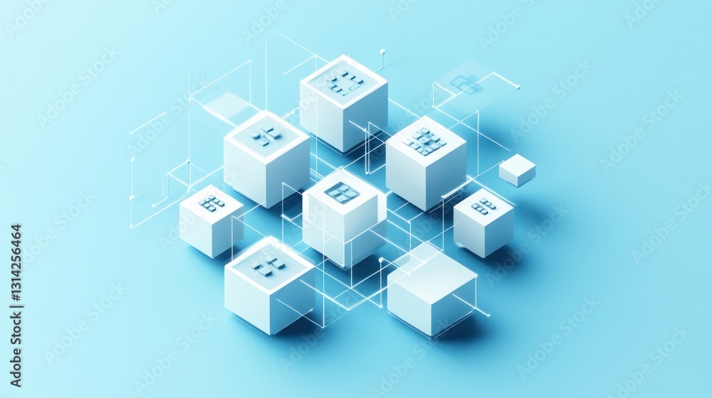 Abstract network of interconnected white cubes on blue background. Abstract network of interconnected white cubes on blue background.