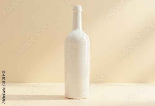 elegant minimalist white wine bottle showcased muted background light reflection subtle shadows serene presentation, glass, art, simplicity, clean, neutral photo