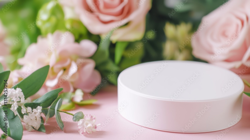 A delicate arrangement of soft pink roses and flowers surrounding a plain white container on a pastel background. A delicate arrangement of soft pink roses and flowers surrounding a plain white container on a pastel background.