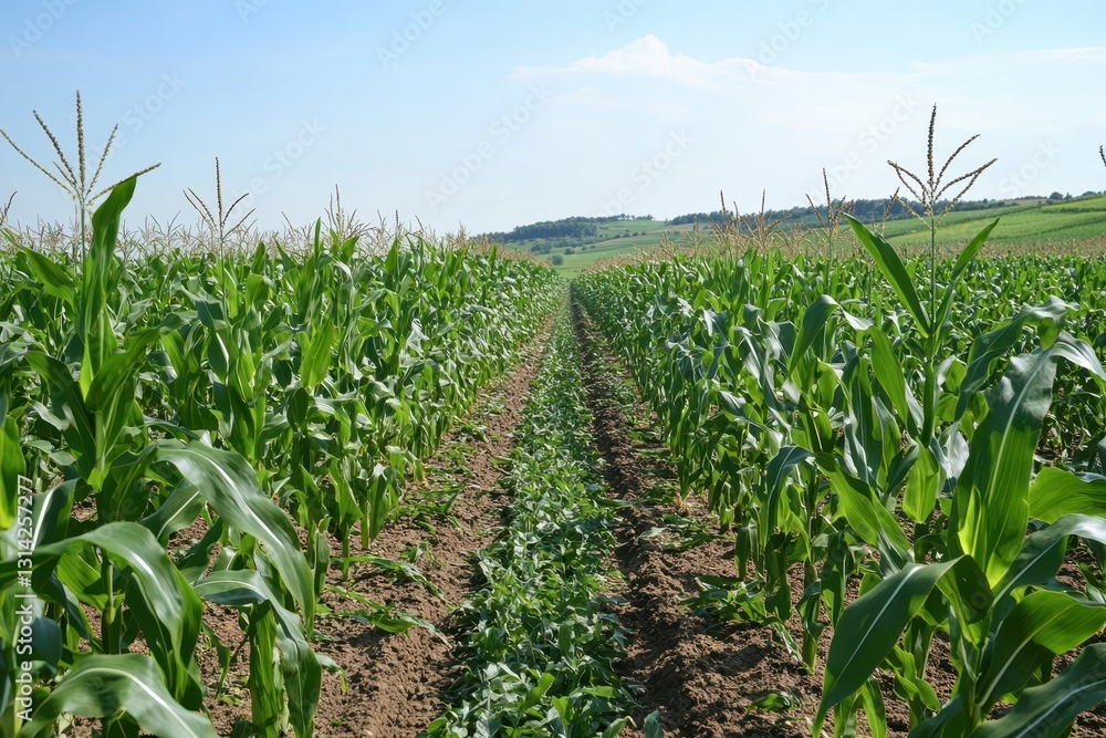 Corn cobs ripen in a lush corn plantation field, showcasing the beauty of agricultural growth Corn cobs ripen in a lush corn plantation field, showcasing the beauty of agricultural growth