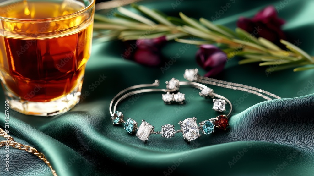 Elegant flat lay composition featuring a glass of tea and a stylish bracelet on silk fabric for jewelry and lifestyle aesthetics Elegant flat lay composition featuring a glass of tea and a stylish bracelet on silk fabric for jewelry and lifestyle aesthetics