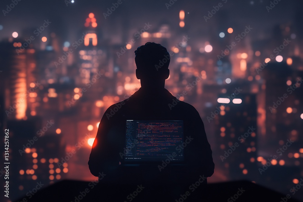 digital entrepreneur working on touchscreen laptop with city skyline digital entrepreneur working on touchscreen laptop with city skyline