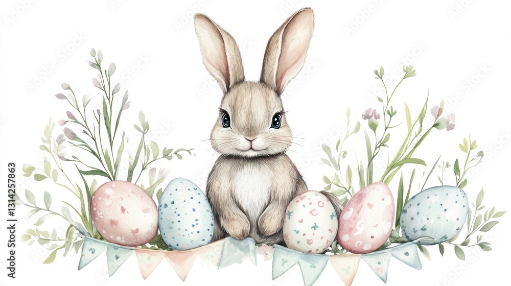 Fototapeta premium Cute Easter bunny surrounded by colorful eggs and flowers