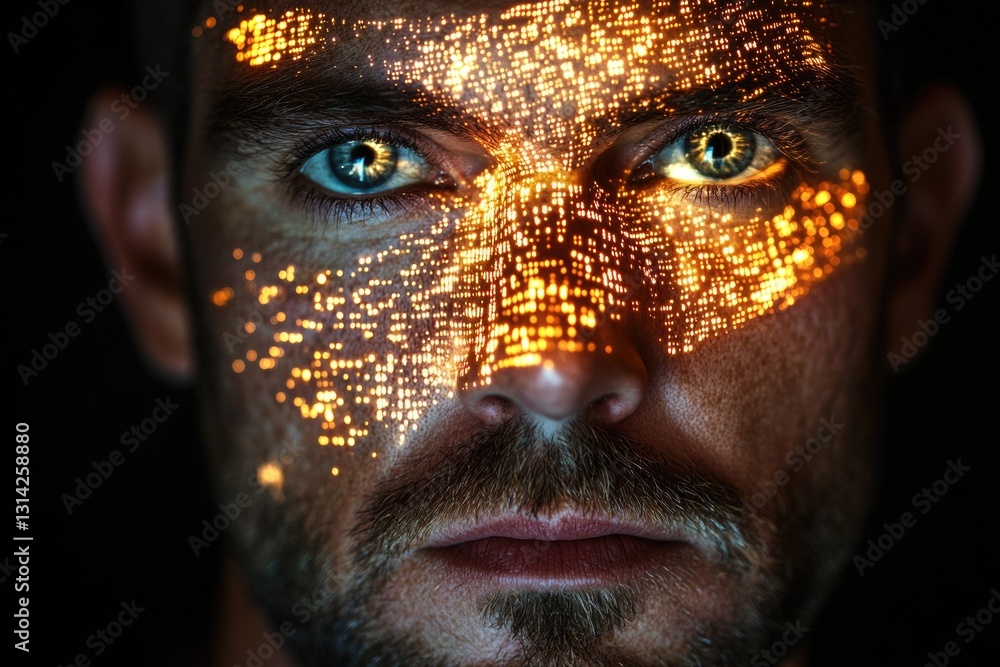 A man's face is illuminated with a digital, binary code-like pattern, creating a futuristic, technological aesthetic. A man's face is illuminated with a digital, binary code-like pattern, creating a futuristic, technological aesthetic.